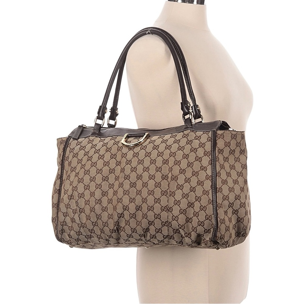 Gucci Abbey GG Monogram Canvas D-Ring Tote Shoulder Bag Brown Leather